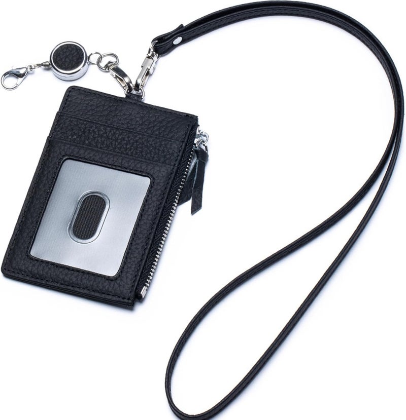 EutDett Leather Badge Holder with Lanyard, Lanyard Wallet for Women & Men, Leather Lanyards for id Badges, Women's ID Case with Zipper Pocket for Teacher Nurse Student (Black) - Image 1